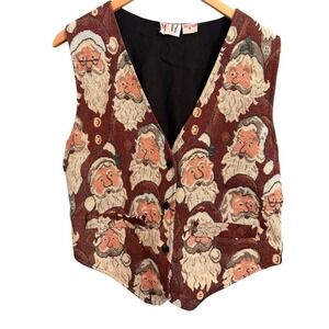 MLY Santa Claus Tapestry Vest Womens Medium Burgundy Vintage Christmas Woven